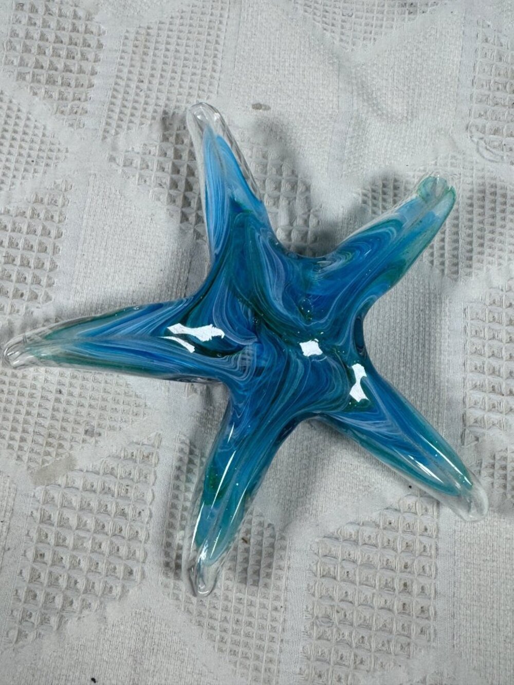 Handcrafted Blue Glass Starfish Paperweight Coastal Home Decor Accent